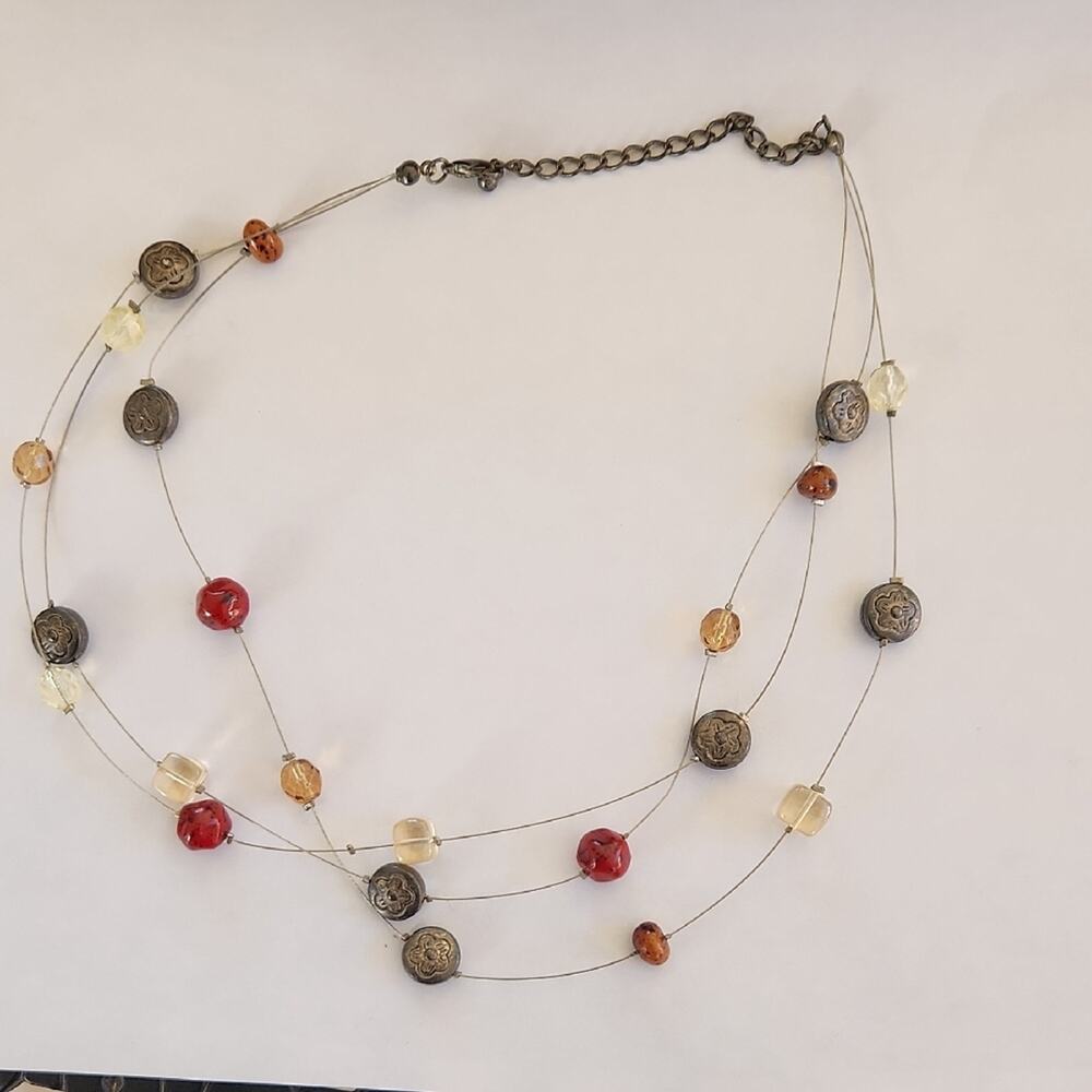 Layered Multi-strand Beaded Wire Necklace in Red, Amber, Silvertone